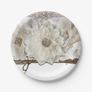 Assiettes En Carton Fleurs blanches et Fête des mariées de verre rusti