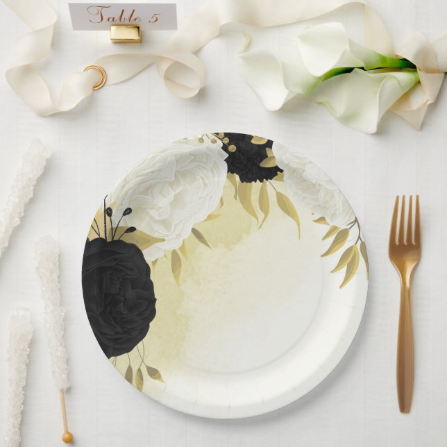 Assiettes En Carton fleurs blanches noires or feuille mariage (Mariage)