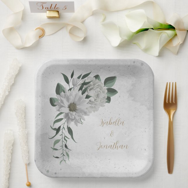 Assiettes En Carton fleurs blanches romantiques & feuilles verts (Mariage)