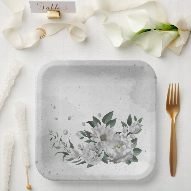 Assiettes En Carton fleurs blanches romantiques & feuilles verts (Mariage)