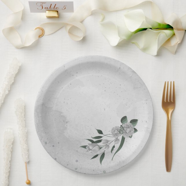 Assiettes En Carton fleurs blanches romantiques & feuilles verts (Mariage)