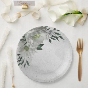 Assiettes En Carton fleurs blanches romantiques & feuilles verts
