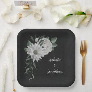 Assiettes En Carton fleurs blanches romantiques & feuilles verts noir