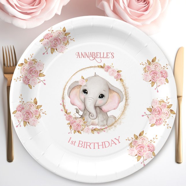 Assiettes En Carton Fleurs blanches roses jolies éléphantes Fille d'an (Cute Elephant Pink White Flowers Birthday Girl Paper Plates)