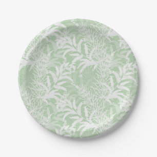 Assiettes En Carton Fleurs blanches sur fond vert clair.