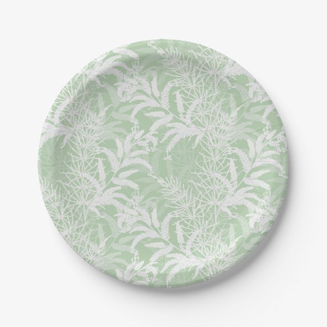 Assiettes En Carton Fleurs blanches sur fond vert clair. (Devant)