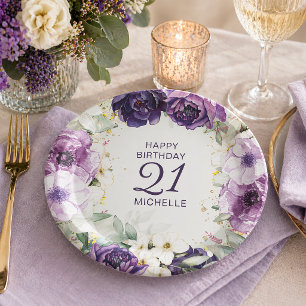 Assiettes En Carton Fleurs blanches violettes Joyeux Anniversaire Nom