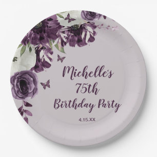 Assiettes En Carton Fleurs blanches violettes Papillons 75e anniversai