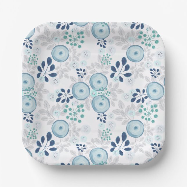 Assiettes En Carton Fleurs bleu clair (Recto)
