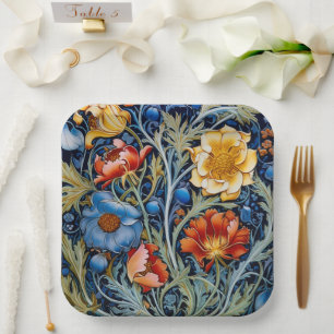 Assiettes En Carton Fleurs Bleu Jaune Rouge de style William Morris