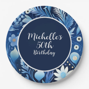 Assiettes En Carton Fleurs Bleu Navy Poussiéreuses 50e Anniversaire