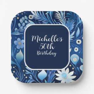 Assiettes En Carton Fleurs Bleu Poussiéreux de la Marine 50e Anniversa
