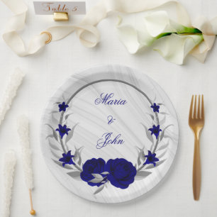 Assiettes En Carton fleurs bleu royal couronne feuilles argent marbre