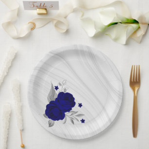 Assiettes En Carton fleurs bleu royal feuilles argent marbre