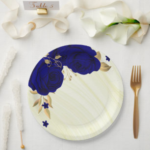 Assiettes En Carton fleurs bleu royal feuilles or marbre
