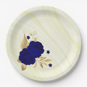 Assiettes En Carton fleurs bleu royal feuilles or marbre