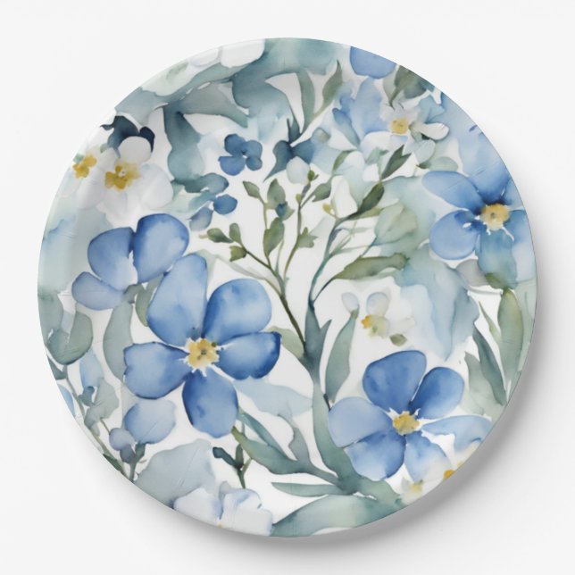 Assiettes En Carton Fleurs Bleues Blancs Aquarelle Chic (Devant)