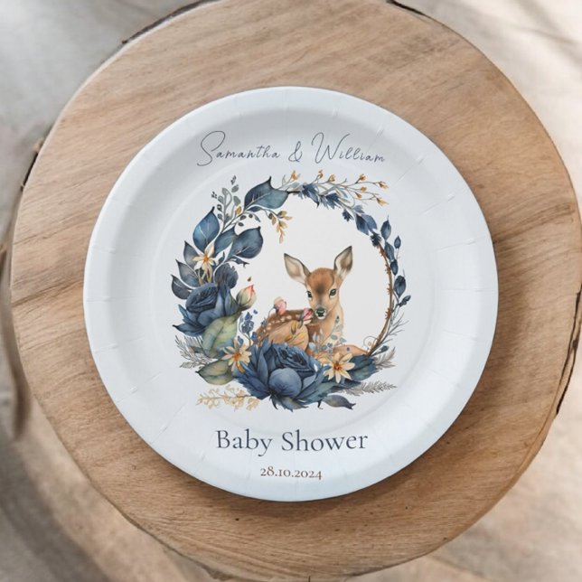 Assiettes En Carton Fleurs Bleues de cerfs de bois Boho Feuilles (Créateur téléchargé)