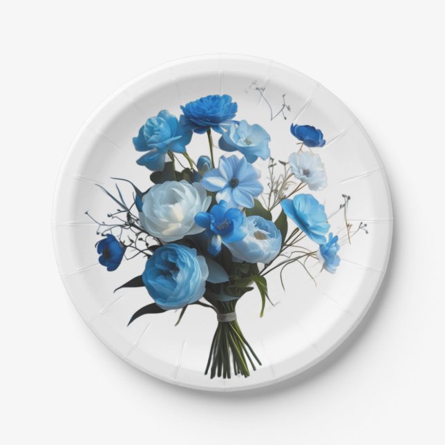 Assiettes En Carton Fleurs bleues et blanches (Devant)