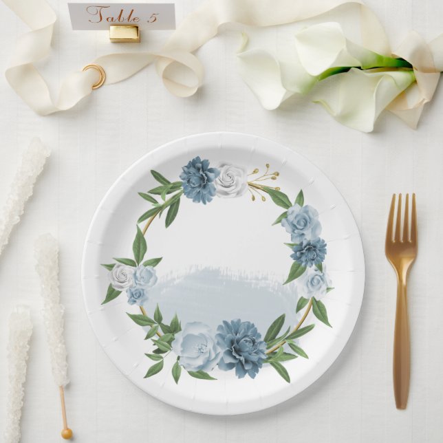 Assiettes En Carton fleurs bleues et blanches botaniques (Mariage)