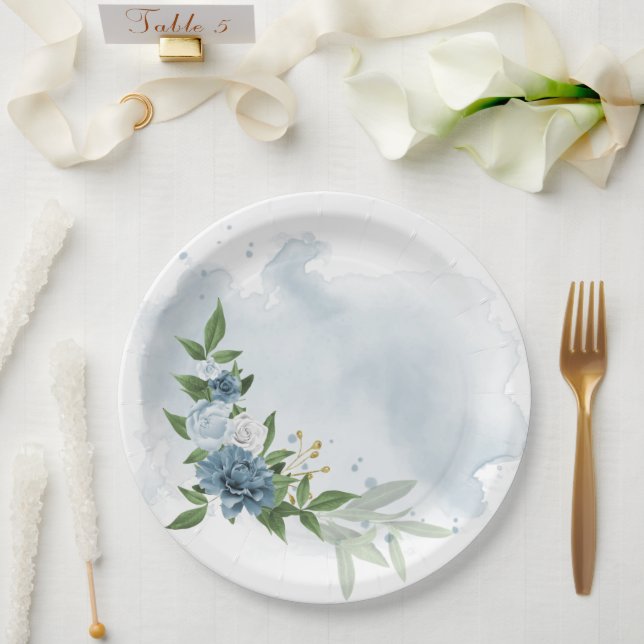 Assiettes En Carton fleurs bleues et blanches botaniques (Mariage)