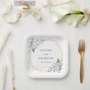 Assiettes En Carton Fleurs bleues, Fleurs blanches, Verdure, Mariage