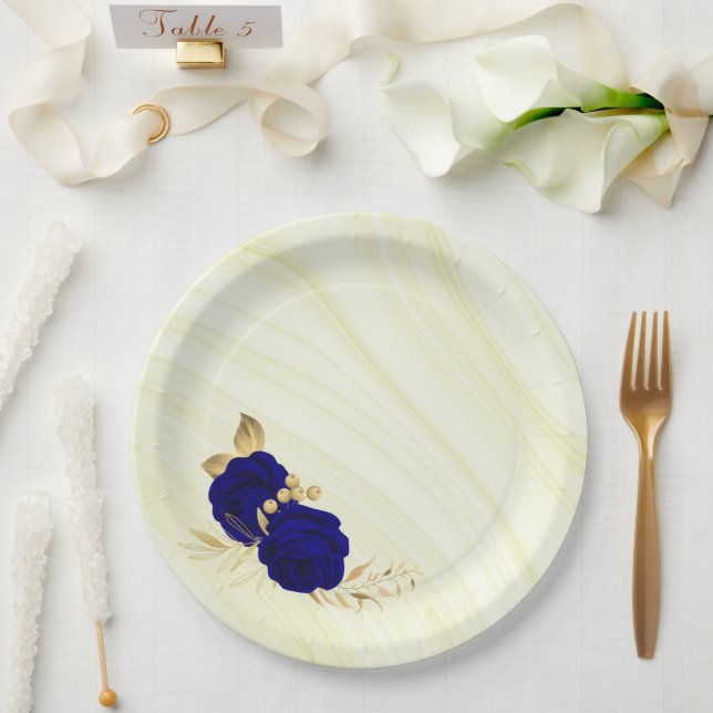 Assiettes En Carton fleurs bleues royales or marbre feuille (Mariage)