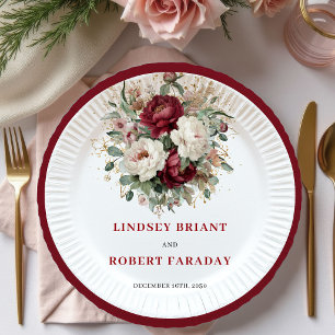 Assiettes En Carton Fleurs bordeaux classiques Mariage eucalyptus or
