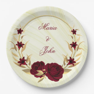 Assiettes En Carton fleurs bordeaux couronne feuilles dorées marbre