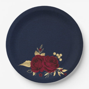 Assiettes En Carton fleurs bordeaux feuilles dorées bleu marine