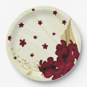 Assiettes En Carton fleurs bordeaux feuilles dorées marbre