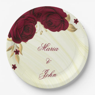 Assiettes En Carton fleurs bordeaux feuilles dorées marbre