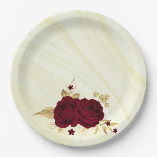 Assiettes En Carton fleurs bordeaux feuilles dorées marbre