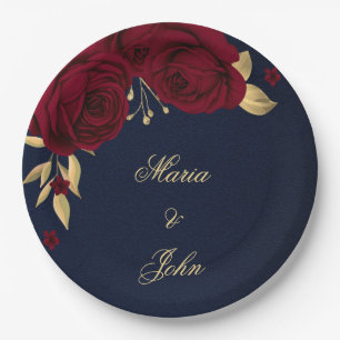 Assiettes En Carton fleurs bordeaux or bleu marine feuille