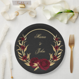 Assiettes En Carton fleurs bordeaux or feuille couronne noir