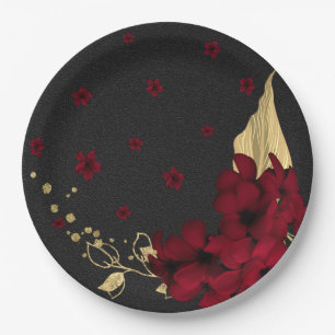 Assiettes En Carton fleurs bordeaux or feuille noir