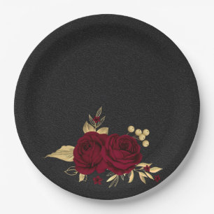 Assiettes En Carton fleurs bordeaux or feuille noir