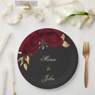 Assiettes En Carton fleurs bordeaux or feuille noir