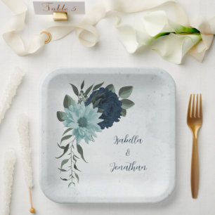 Assiettes En Carton Fleurs botaniques bleu marine poussiéreux