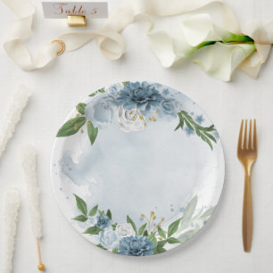 Assiettes En Carton fleurs botaniques bleues et blanches