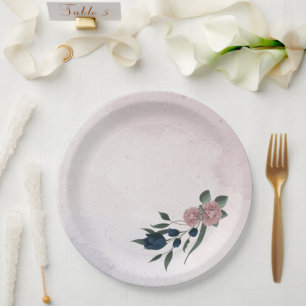 Assiettes En Carton fleurs botaniques rose et marine