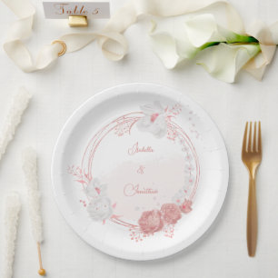 Assiettes En Carton fleurs botaniques roses et blanches mariage