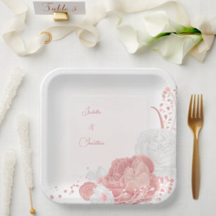 Assiettes En Carton fleurs botaniques roses et blanches mariage
