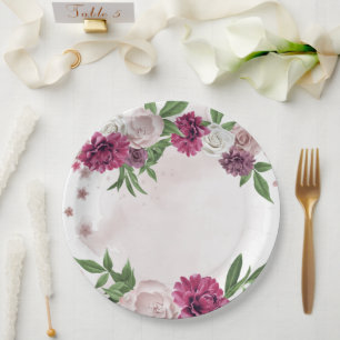 Assiettes En Carton fleurs botaniques roses mauves et blanches