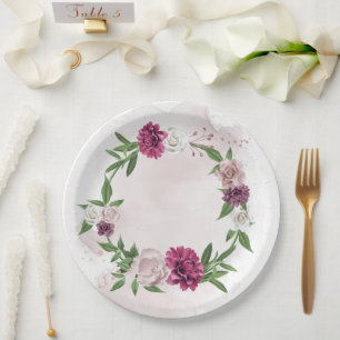Assiettes En Carton fleurs botaniques roses mauves et blanches
