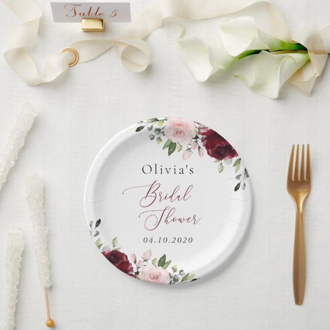 Assiettes En Carton Fleurs Bourgogne, Fleurs Roses, Fête des mariées (Mariage)