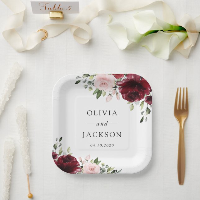 Assiettes En Carton Fleurs Bourgogne, Fleurs roses, Verdure, Mariage (Mariage)