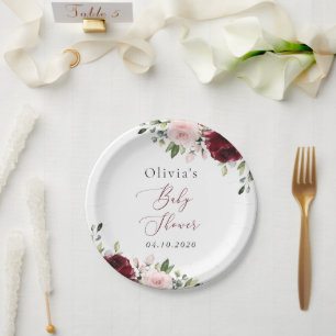 Assiettes En Carton Fleurs Bourgognes, Fleurs Roses, Boho, Baby shower