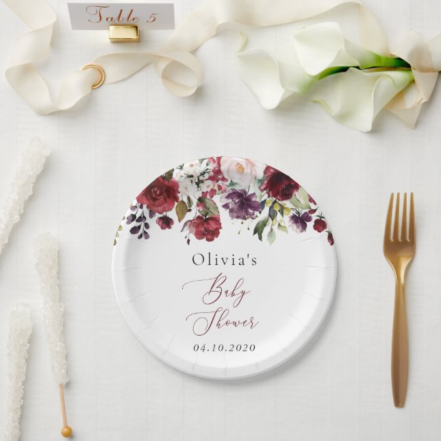 Assiettes En Carton Fleurs Bourgognes, Fleurs Roses, Boho, Baby shower (Mariage)