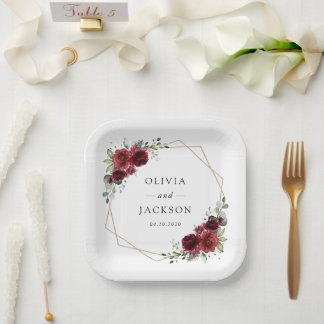 Assiettes En Carton Fleurs Bourgognes, Fleurs rouges, Mariage Floral
